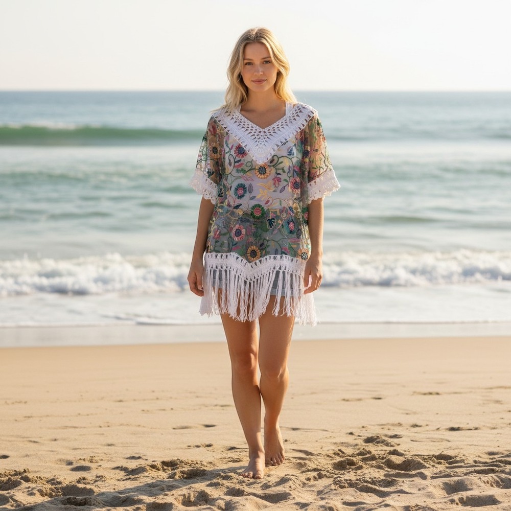 ASHA Floral Embroidered Mesh Tunic Top White Crochet V-Neck Fringe Boho Festival